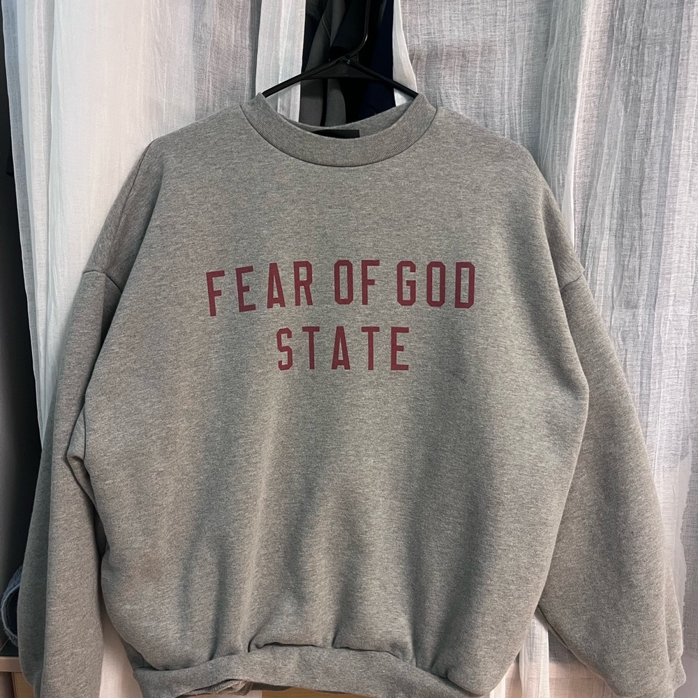 Fear of God Gray Crewneck Sweater with Red Lettering